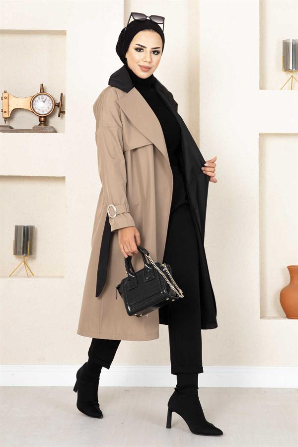 Two-Tone Trench Coat 100MD-10016 Cream-Black