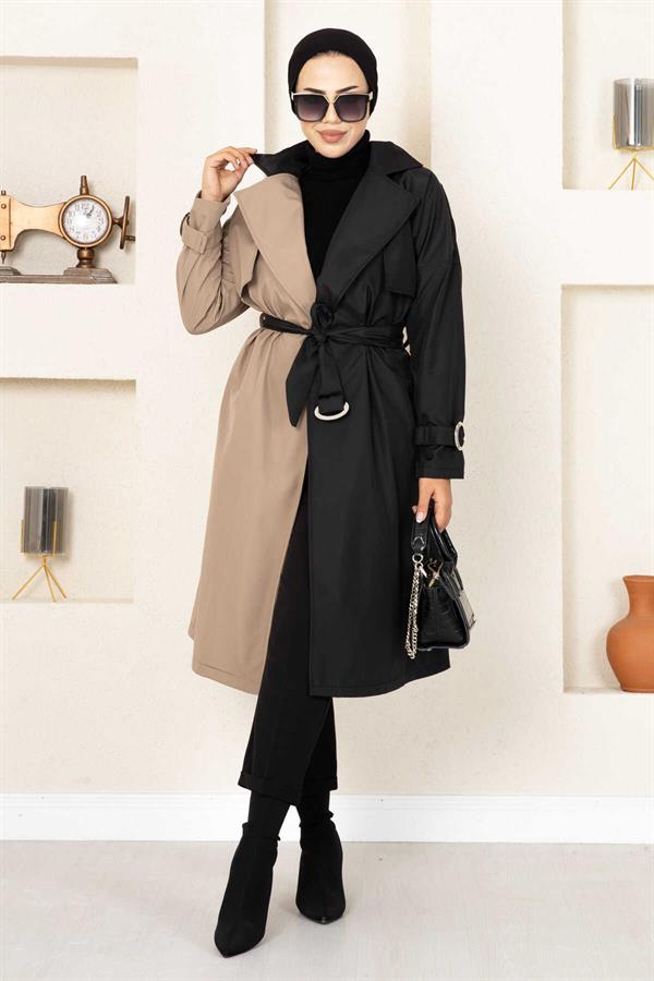 Two-Tone Trench Coat 100MD-10016 Cream-Black