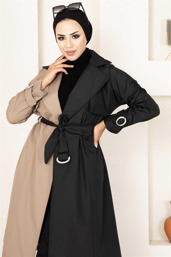 Two-Tone Trench Coat 100MD-10016 Cream-Black