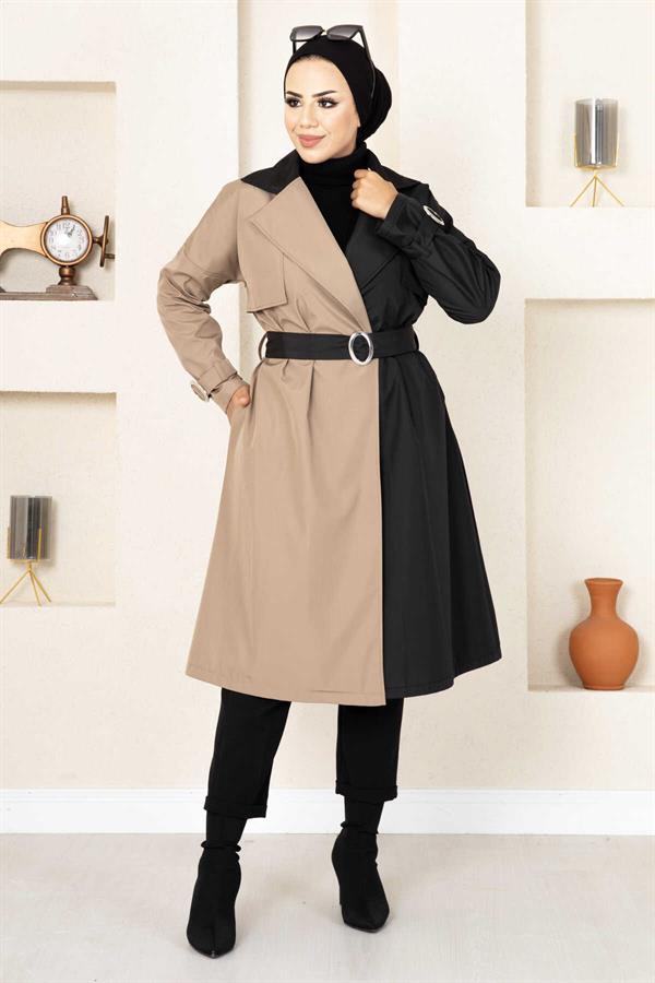Two-Tone Trench Coat 100MD-10016 Cream-Black