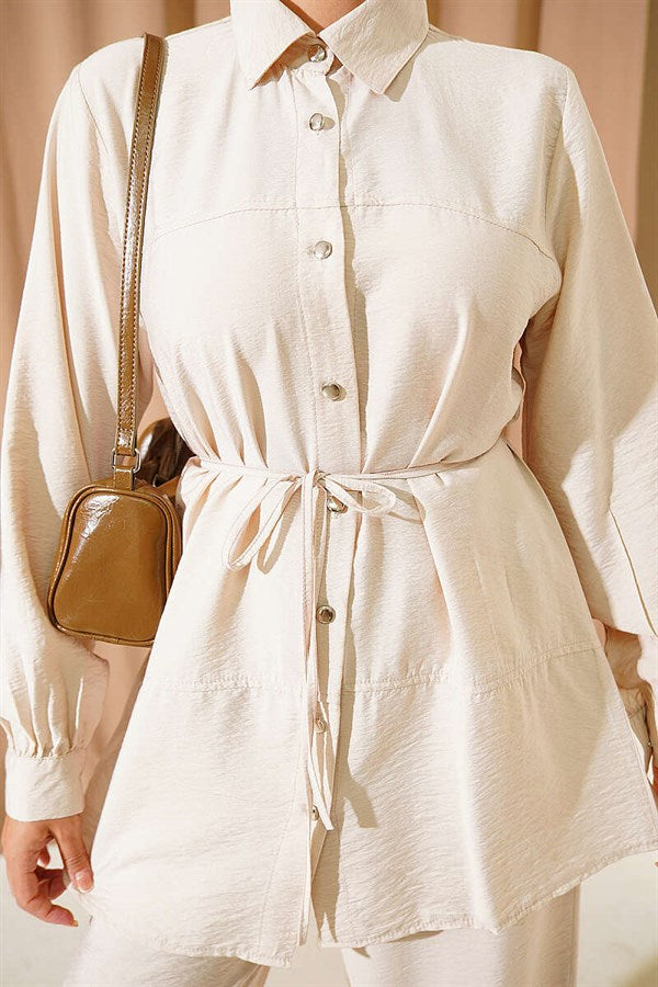 Double-Woven 2 Piece Set with Rope Belt, Beige