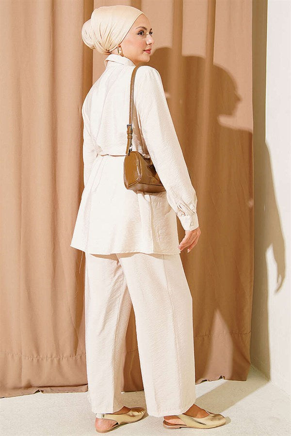 Double-Woven 2 Piece Set with Rope Belt, Beige