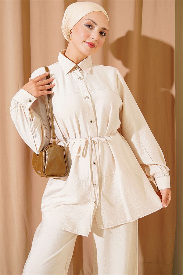 Double-Woven 2 Piece Set with Rope Belt, Beige