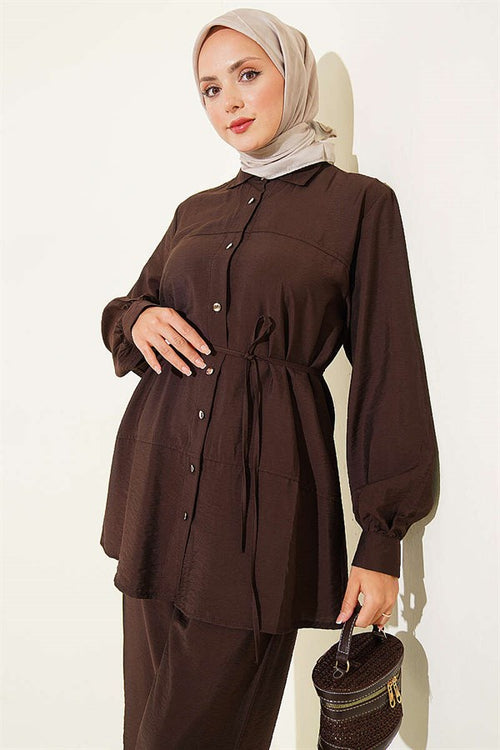 2 Piece Set with Double Yoke and Drawstring, Coffee Color