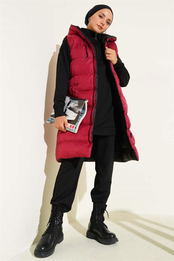 Double-Sided Zippered Puffer Vest Black Burgundy