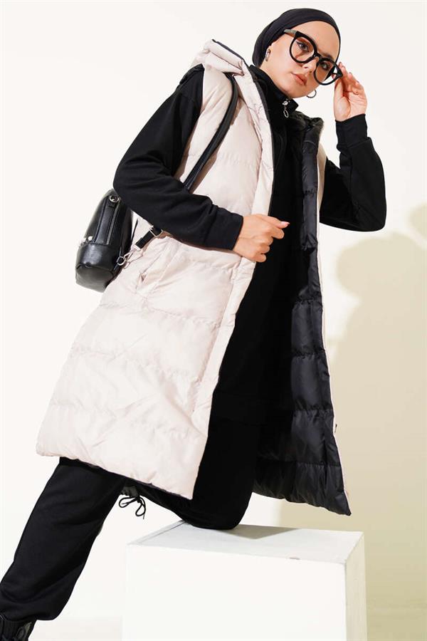 Double-Sided Zippered Puffer Vest Black Beige