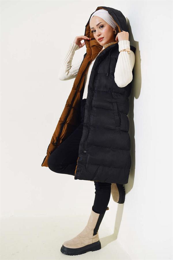 Double Sided Zippered Puffer Vest Black Tan