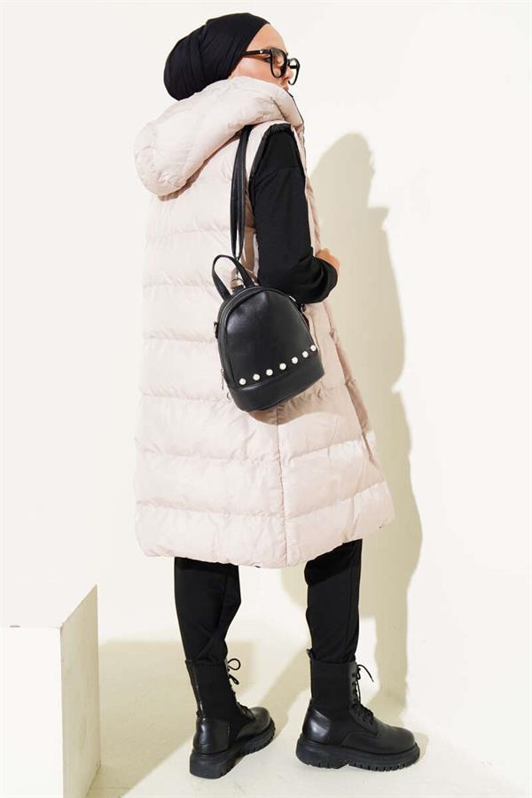 Double-Sided Zippered Puffer Vest Black Beige