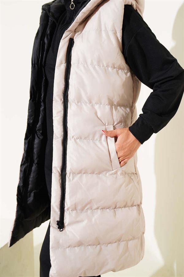Double-Sided Zippered Puffer Vest Black Beige
