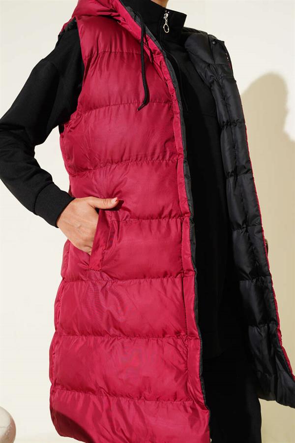 Double-Sided Zippered Puffer Vest Black Burgundy