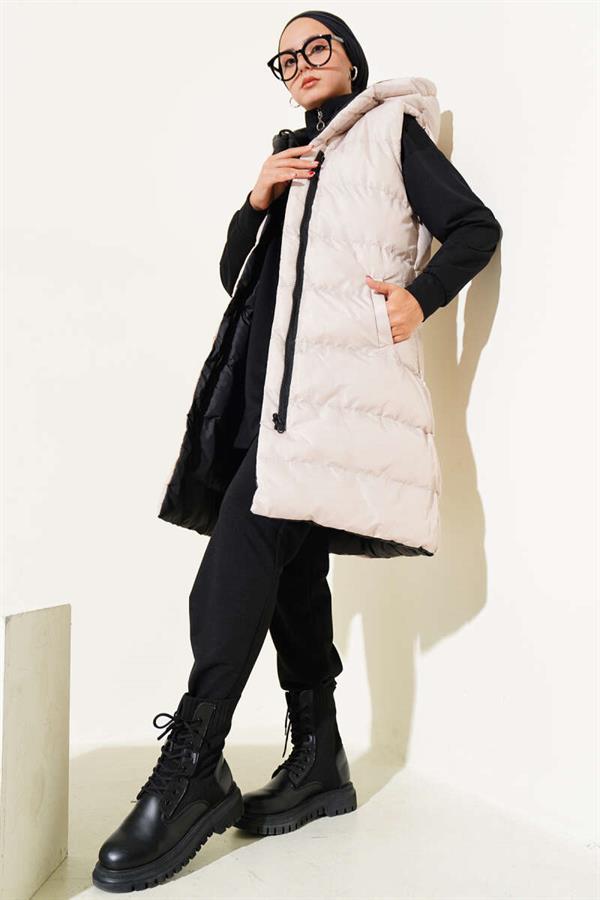 Double-Sided Zippered Puffer Vest Black Beige