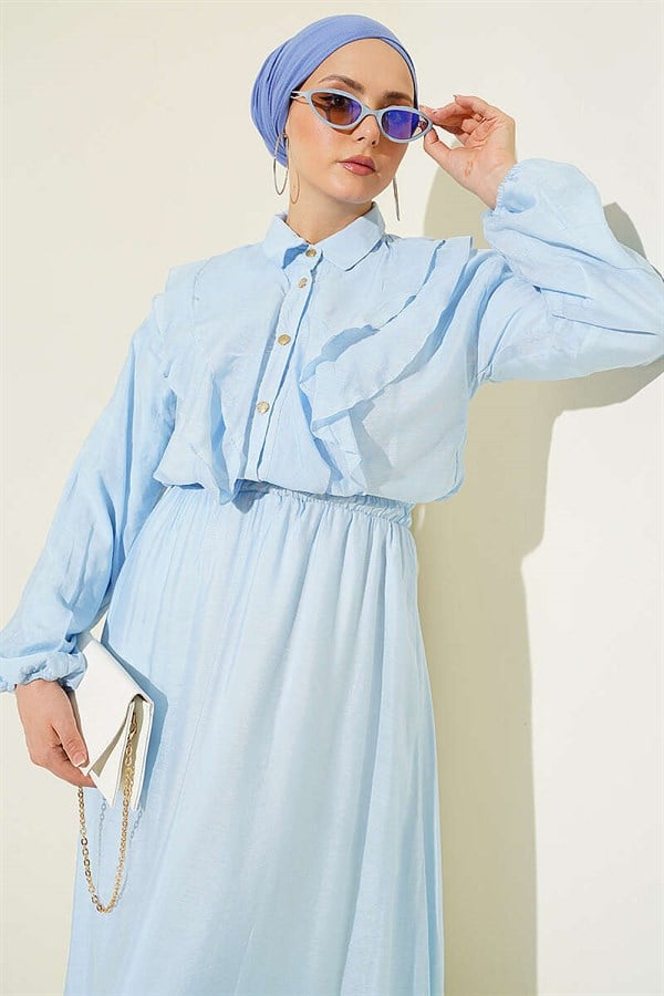 2 Piece Set with Double V-Shaped Ruffled Skirt, Baby Blue