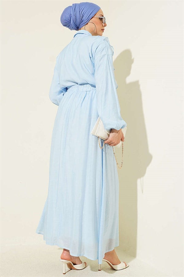2 Piece Set with Double V-Shaped Ruffled Skirt, Baby Blue