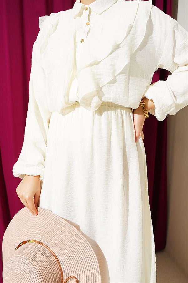 2 Piece Set with Double V-Shaped Ruffled Skirt, Ecru