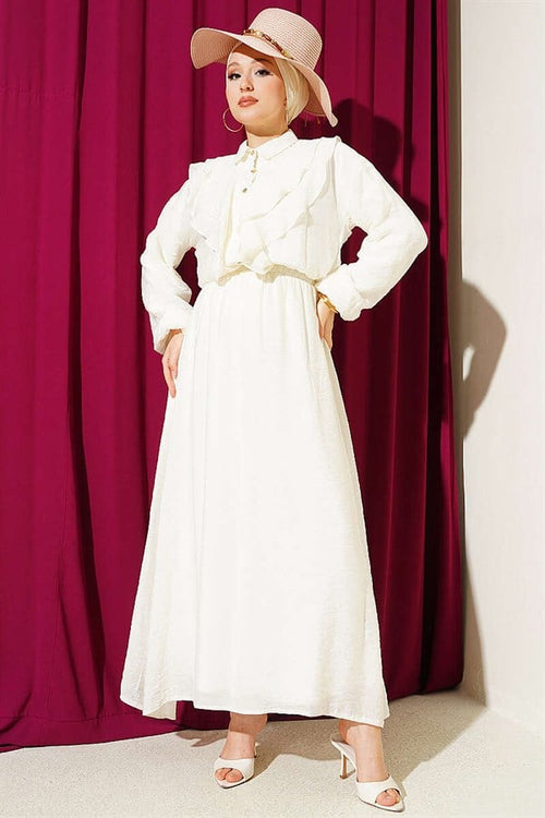 2 Piece Set with Double V-Shaped Ruffled Skirt, Ecru