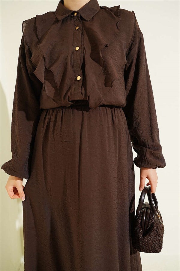 2 Piece Set with Double V-Shaped Ruffled Skirt, Coffee Brown