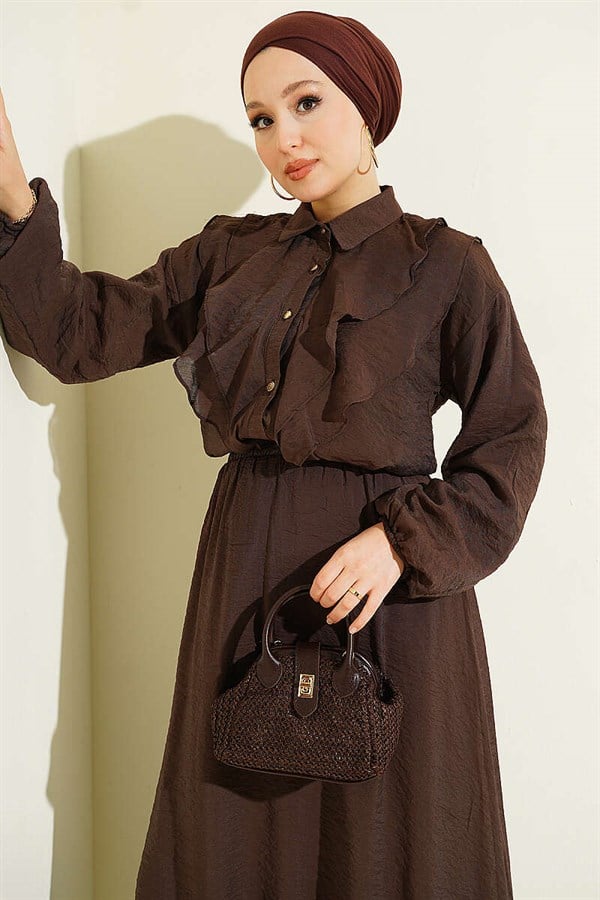 2 Piece Set with Double V-Shaped Ruffled Skirt, Coffee Brown