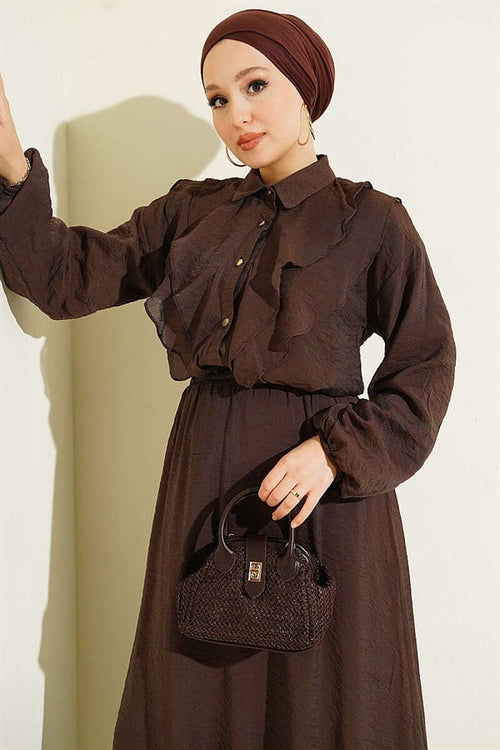 2 Piece Set with Double V-Shaped Ruffled Skirt, Coffee Brown