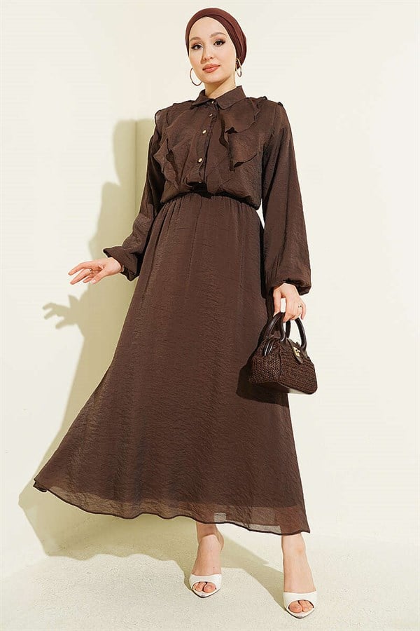2 Piece Set with Double V-Shaped Ruffled Skirt, Coffee Brown