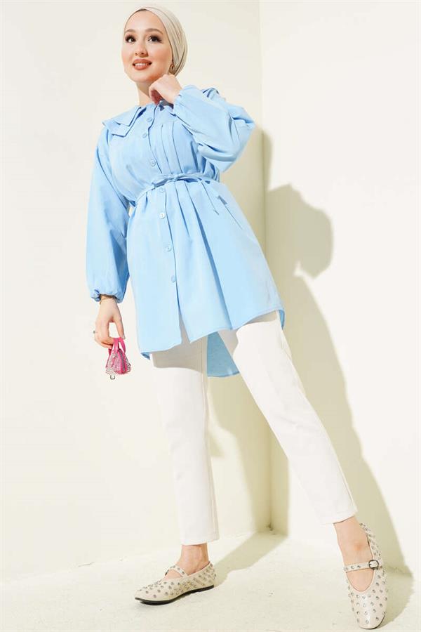 Double Collar Rope Belted Shirt Baby Blue