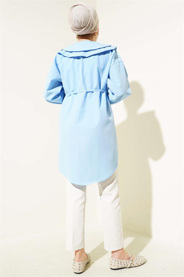 Double Collar Rope Belted Shirt Baby Blue