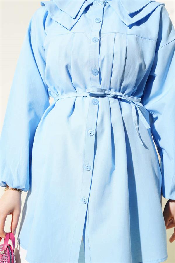 Double Collar Rope Belted Shirt Baby Blue
