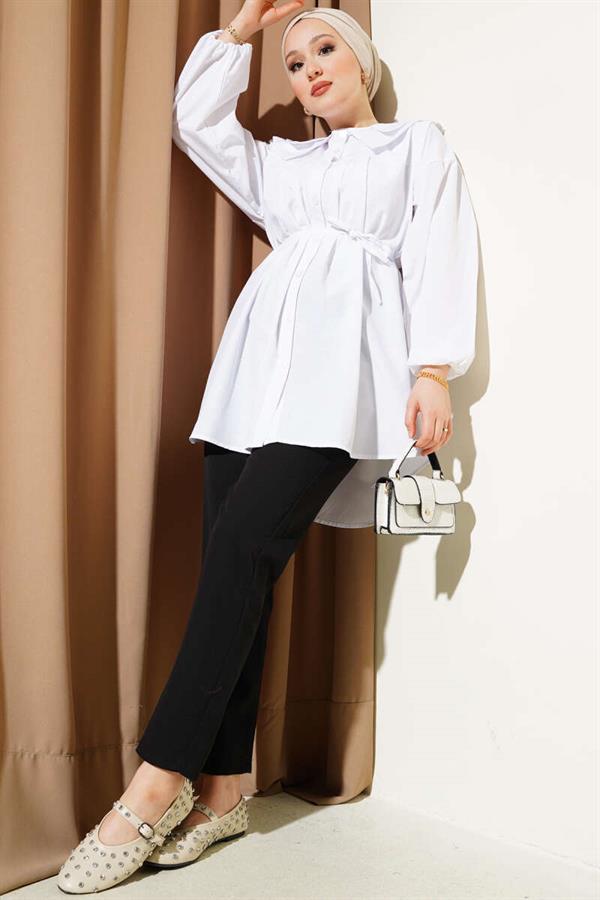 Double Collar Rope Belted Shirt White