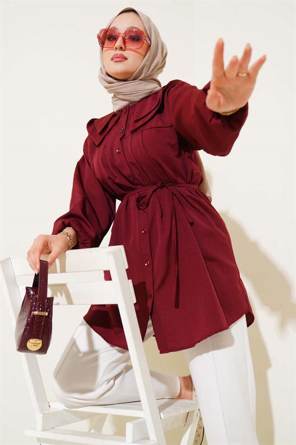 Double Collar Rope Belted Shirt Claret Red