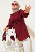 Double Collar Rope Belted Shirt Claret Red