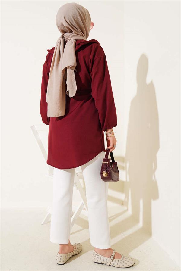Double Collar Rope Belted Shirt Claret Red