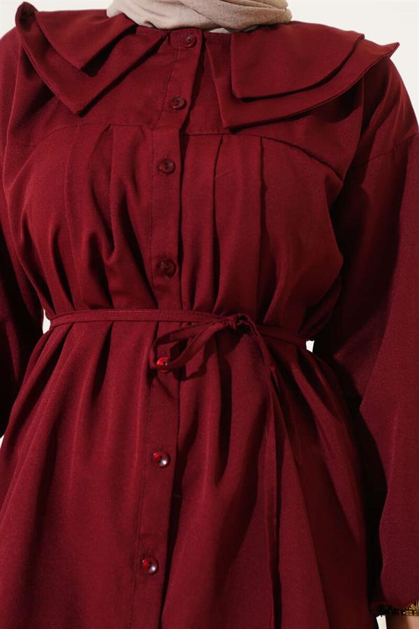 Double Collar Rope Belted Shirt Claret Red