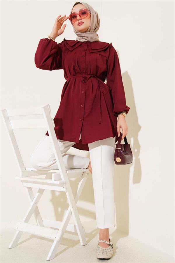 Double Collar Rope Belted Shirt Claret Red