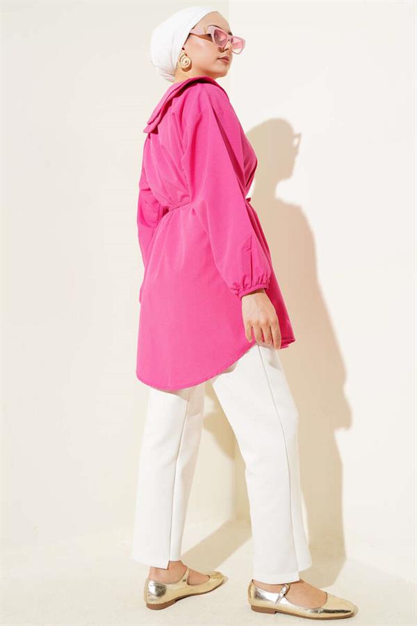 Double Collar Rope Belted Shirt Fuchsia