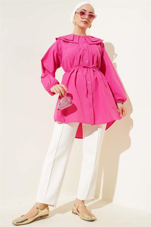 Double Collar Rope Belted Shirt Fuchsia