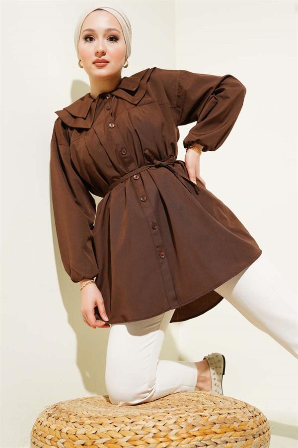 Double Collar Rope Belted Shirt Brown