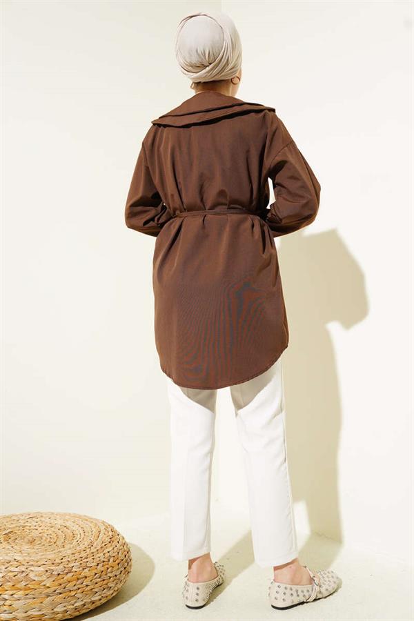 Double Collar Rope Belted Shirt Brown
