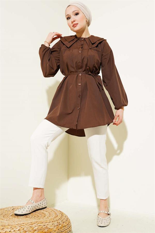 Double Collar Rope Belted Shirt Brown