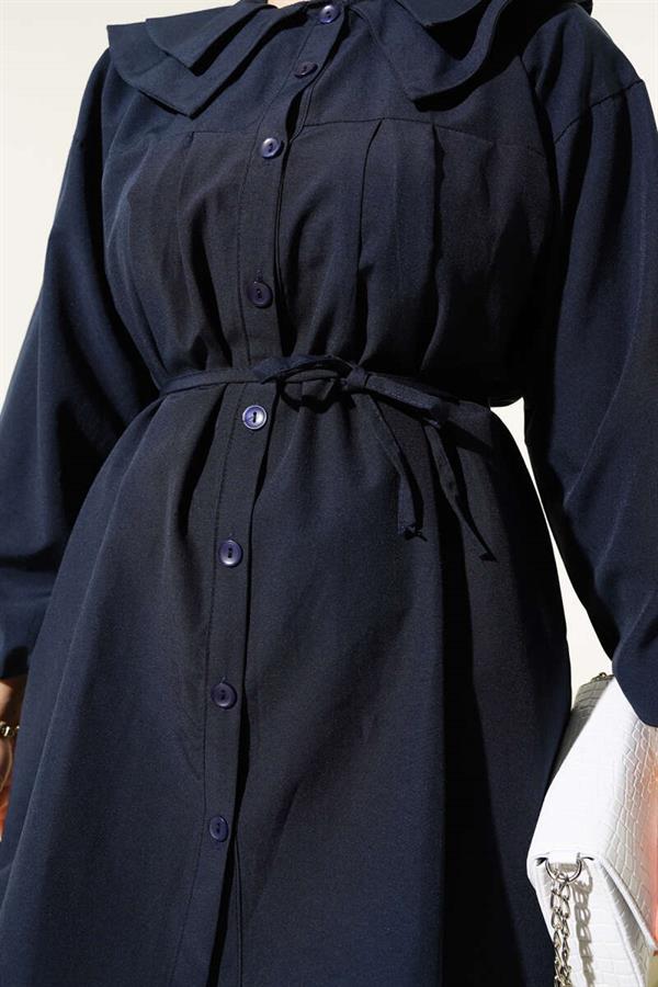 Double Collar Rope Belted Shirt Navy Blue