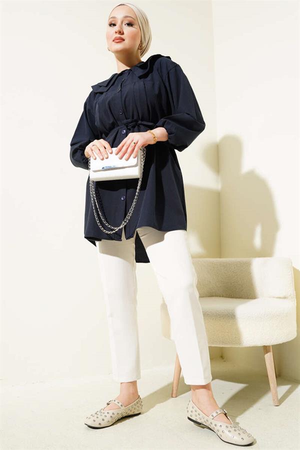 Double Collar Rope Belted Shirt Navy Blue