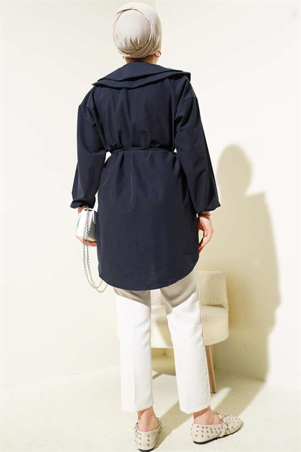 Double Collar Rope Belted Shirt Navy Blue