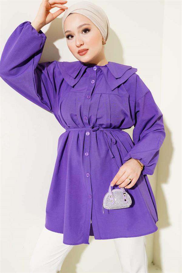 Double Collar Rope Belted Shirt Purple