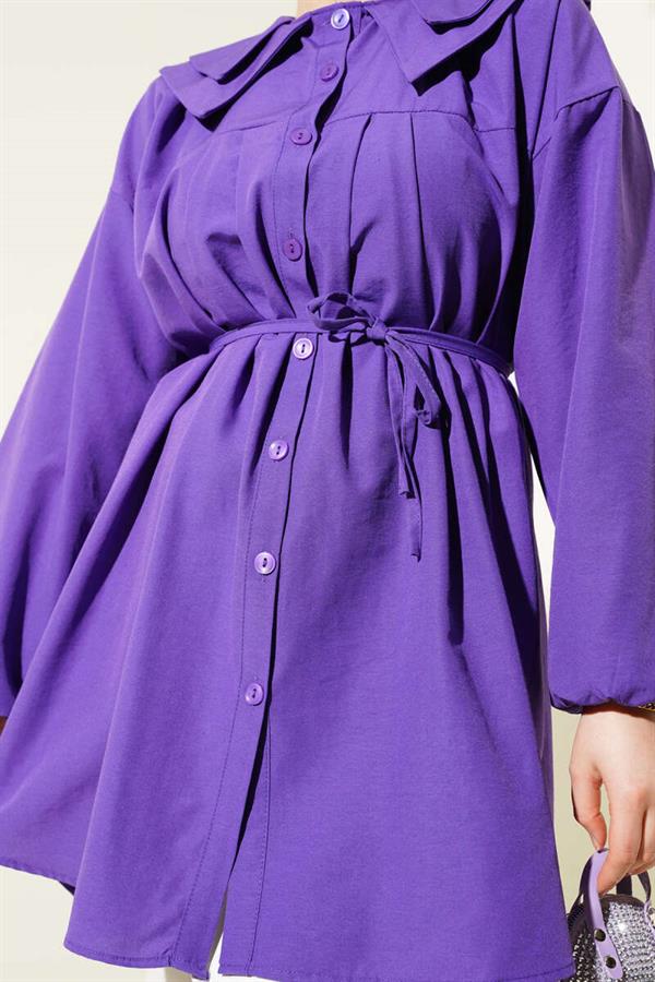 Double Collar Rope Belted Shirt Purple