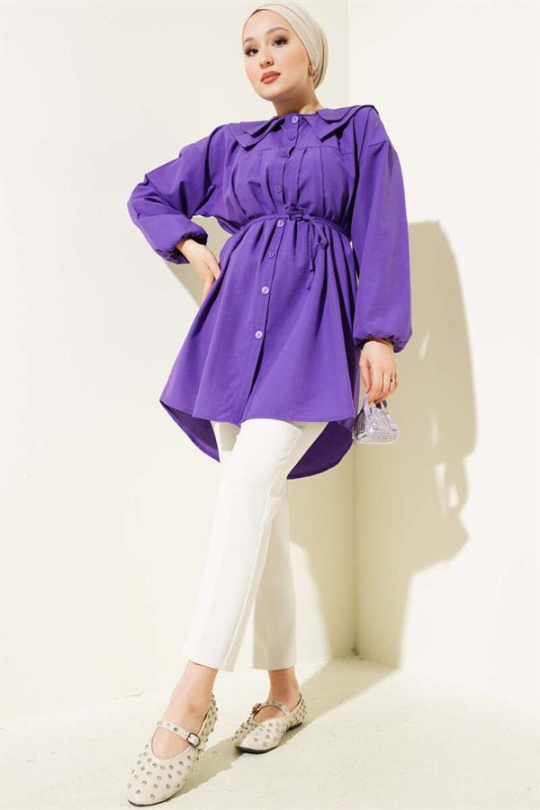 Double Collar Rope Belted Shirt Purple