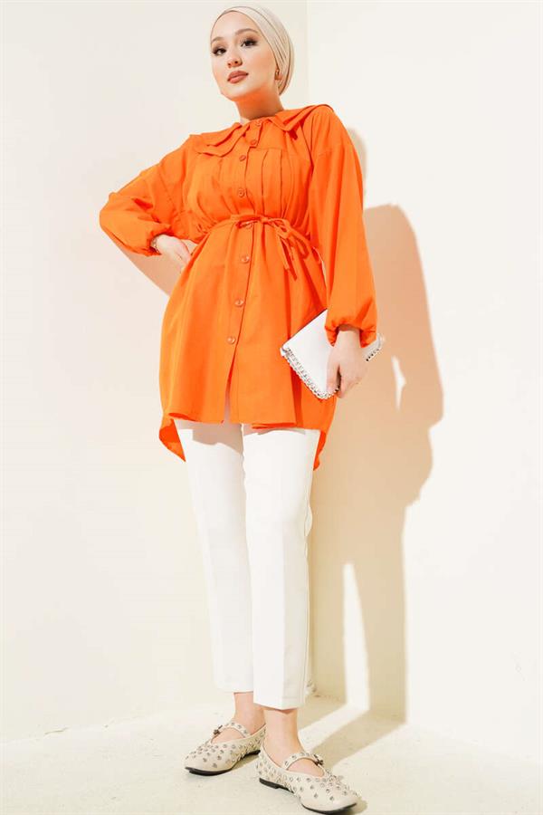 Double Collar Rope Belted Shirt Orange