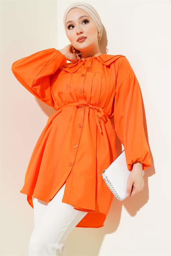 Double Collar Rope Belted Shirt Orange