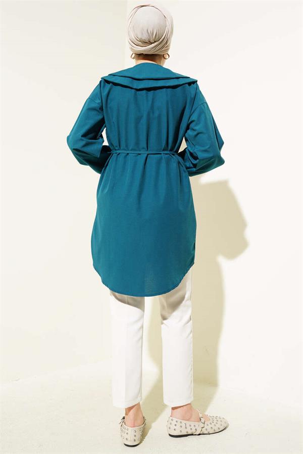 Double Collar Rope Belted Shirt Petrol