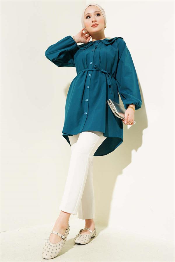 Double Collar Rope Belted Shirt Petrol