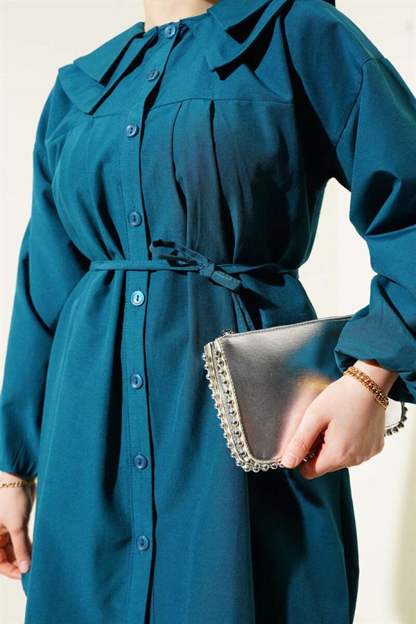 Double Collar Rope Belted Shirt Petrol