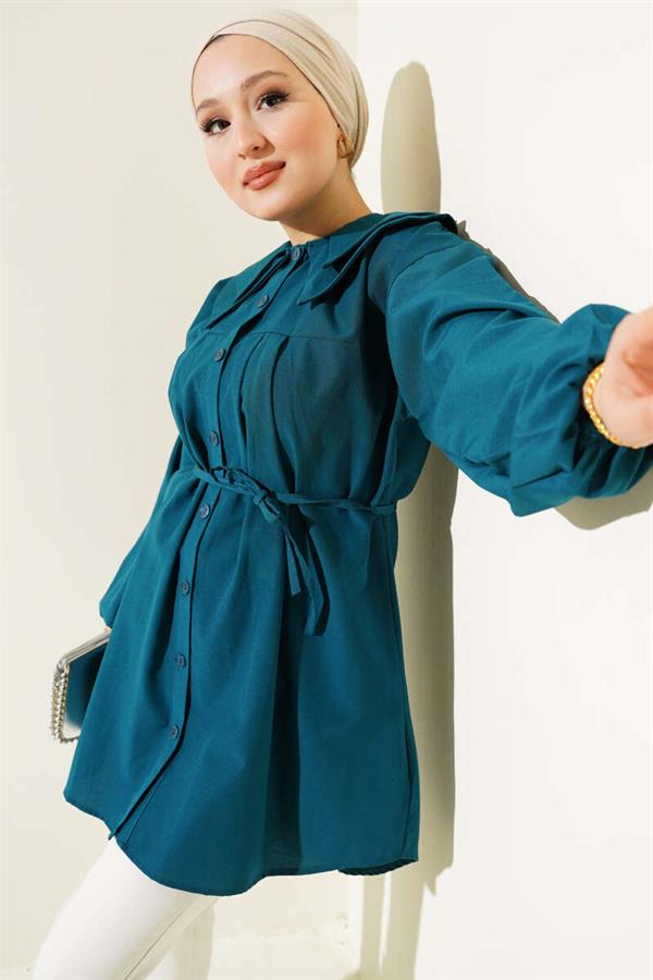 Double Collar Rope Belted Shirt Petrol
