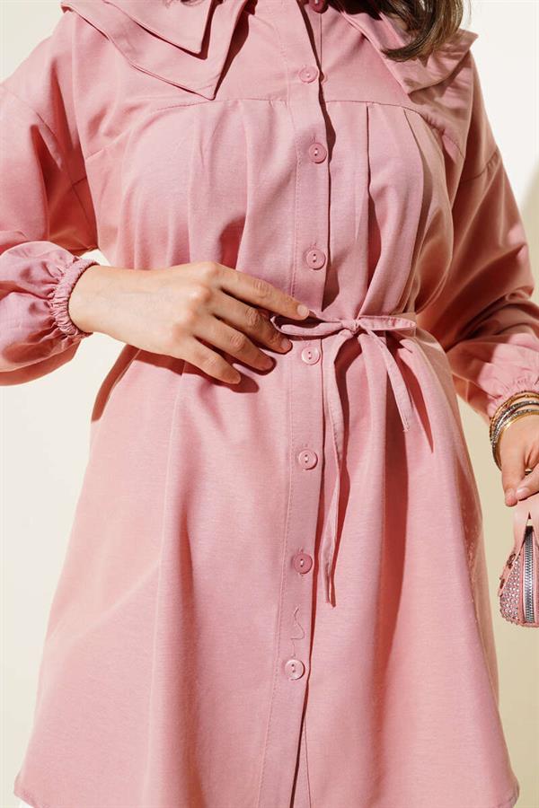 Double Collar Rope Belted Shirt Powder